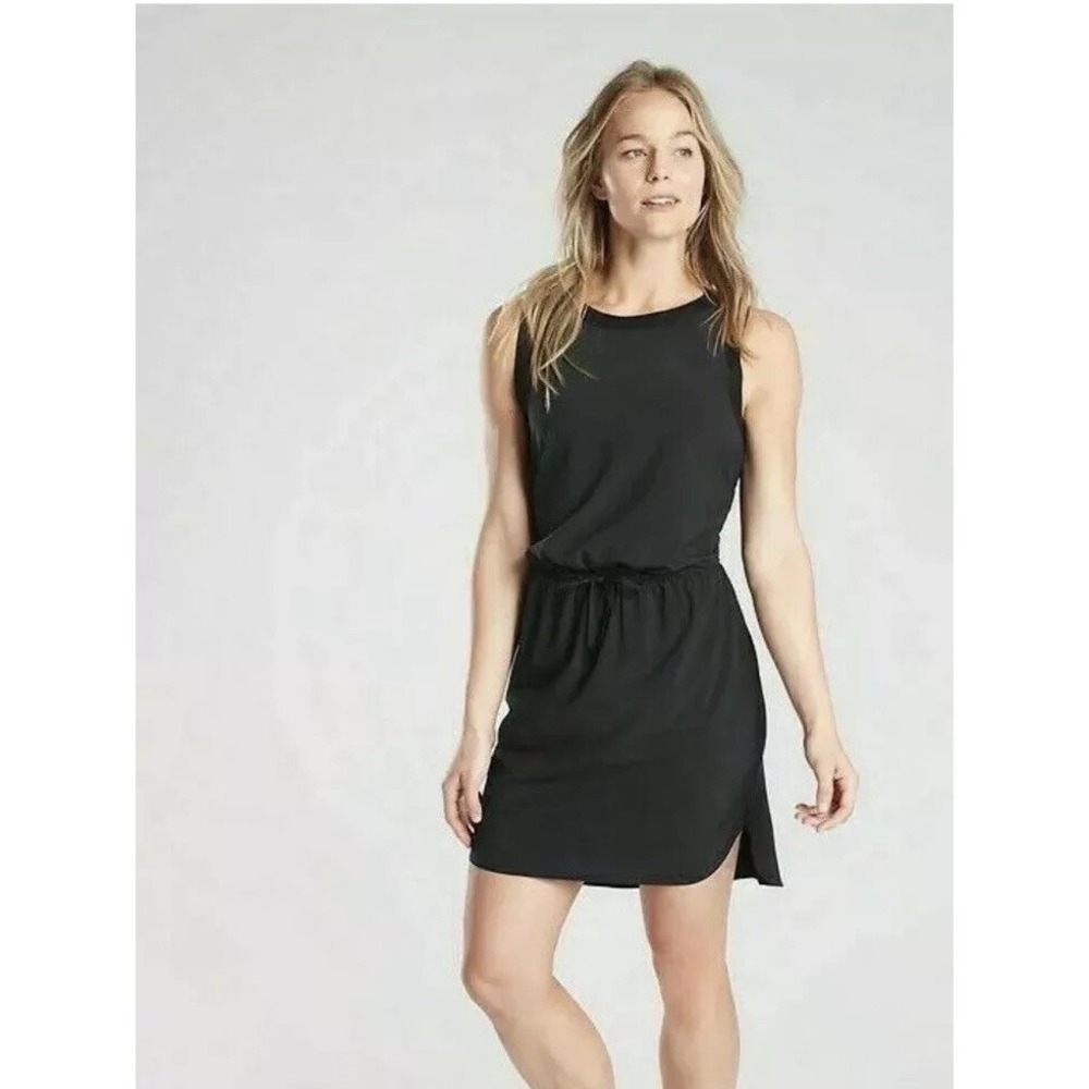 Athleta Rincon Dress Black Sleeveless Drawstring Waist Activewear MIDI Large